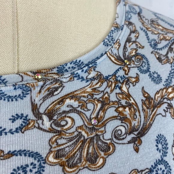 St. John's Bay Medium Blue Brown Paisley Rhinestone Boho Cottagecore Top - Picture 4 of 9